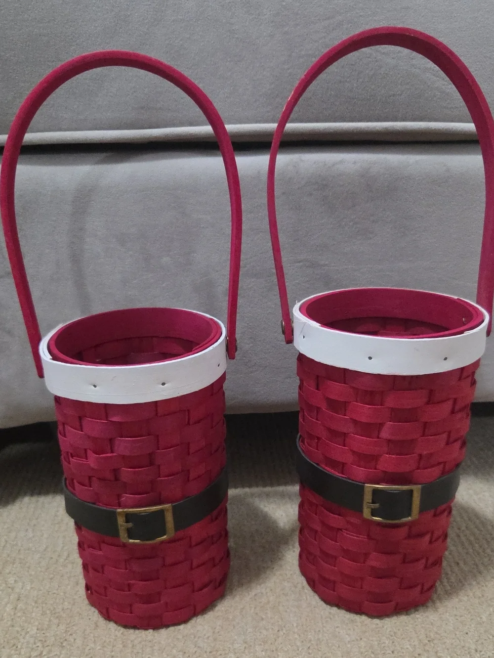 Red Woven Holiday Basket Pair with White Trim, Santa Wine Basket, Gift Bag